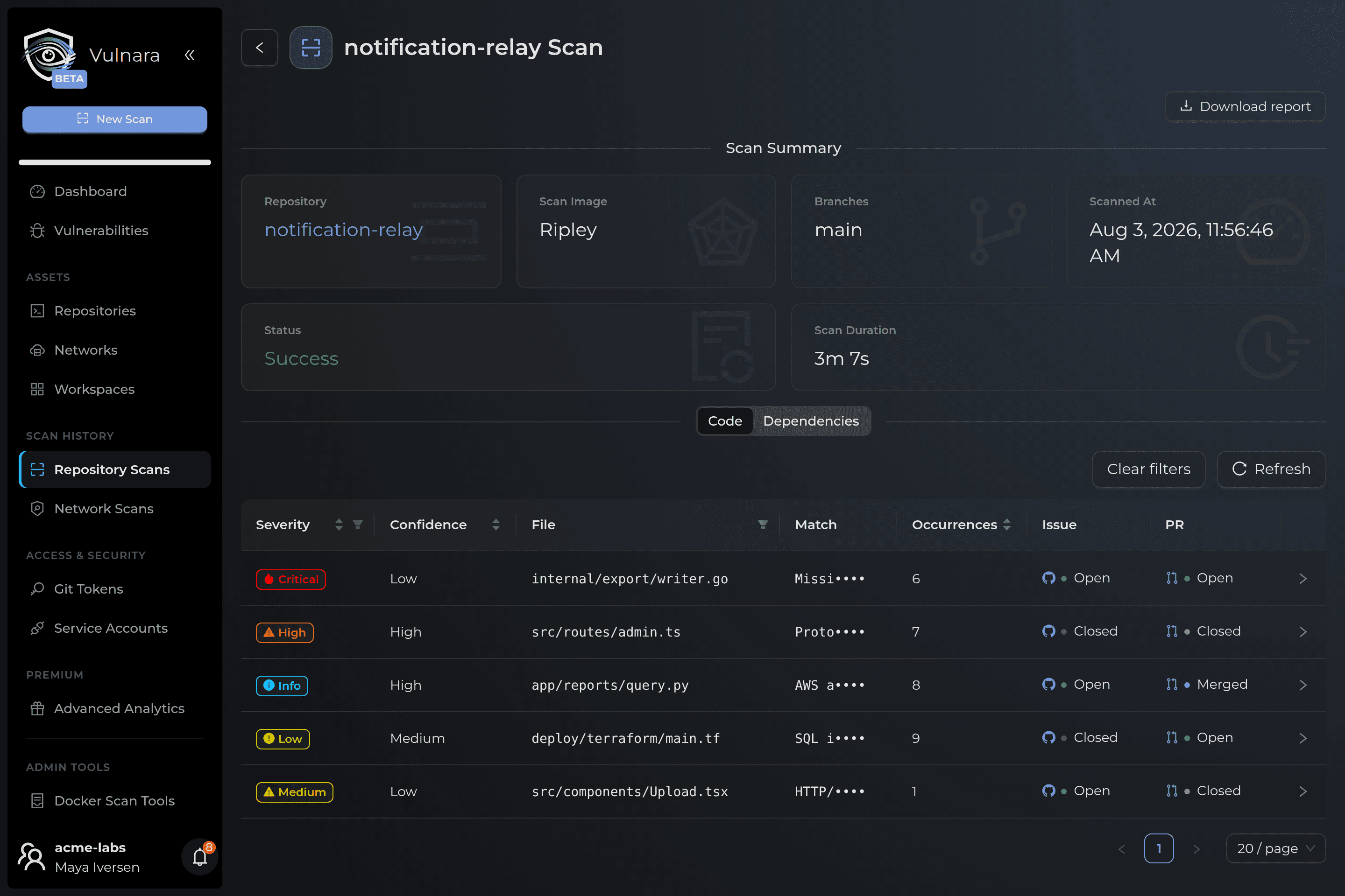 Scan results with an issue and an AI pull request opened per finding