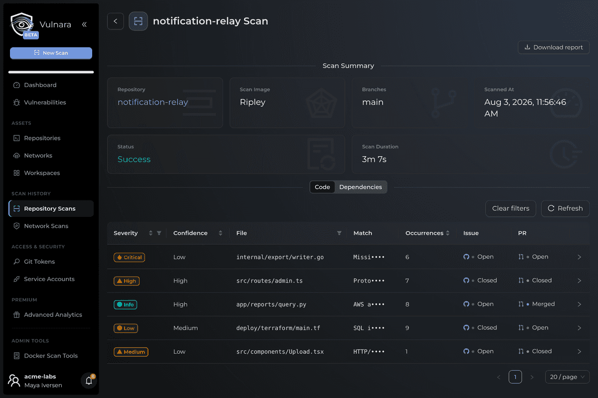 A repository scan in progress, with commits scanned out of the total