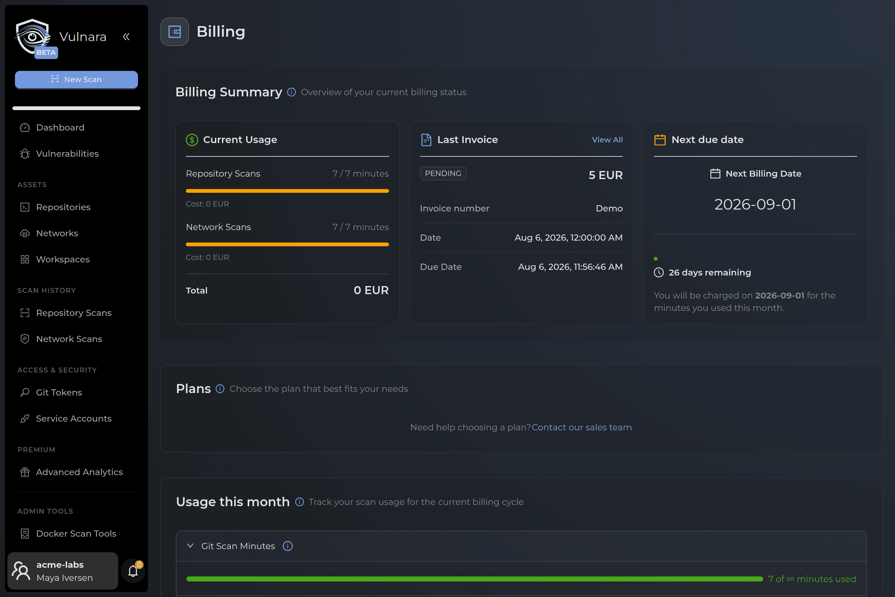 Billing page showing current usage, latest invoice and plan tiers