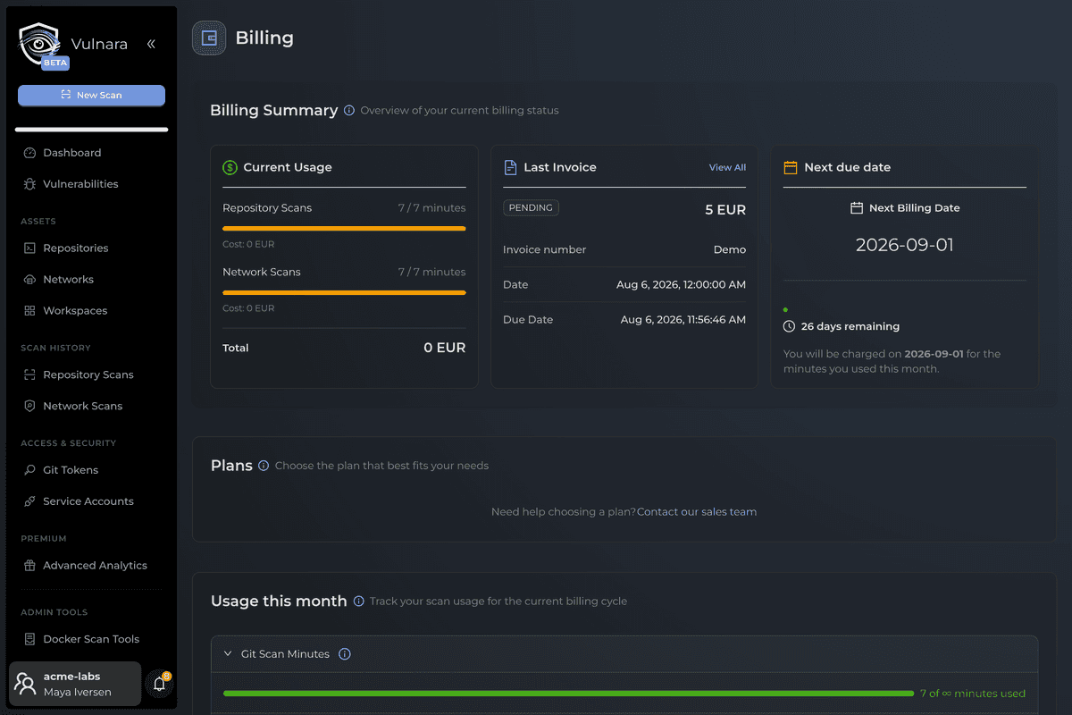 The Billing screen, with the current plan, the usage meters for this month and the saved payment methods.