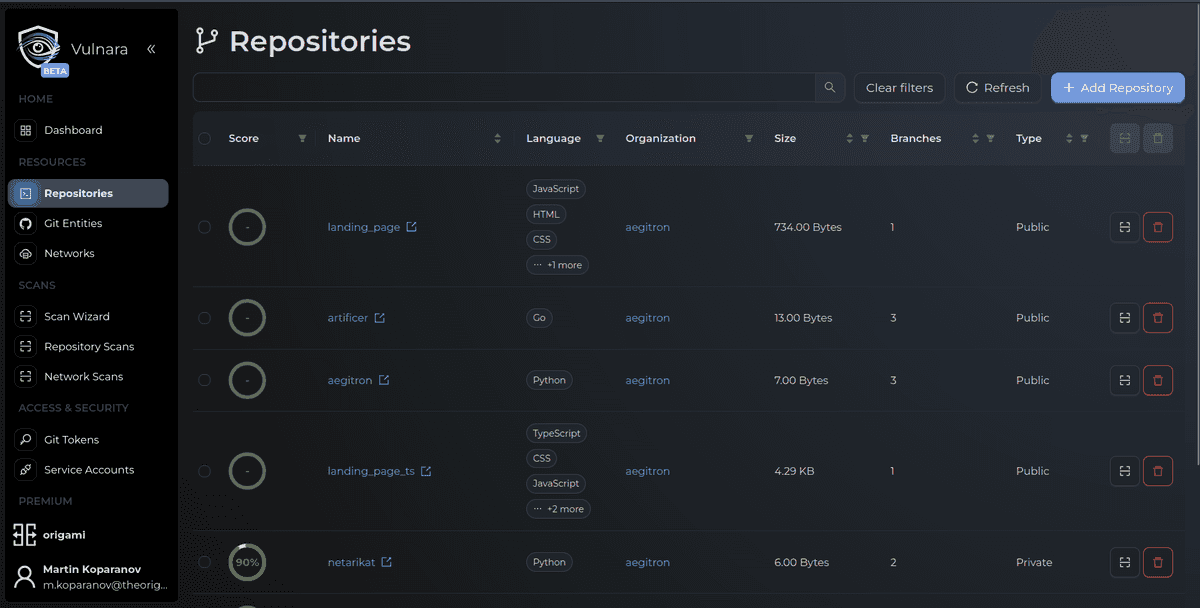 The Repositories board, with repositories ordered by risk and the Needs attention segment