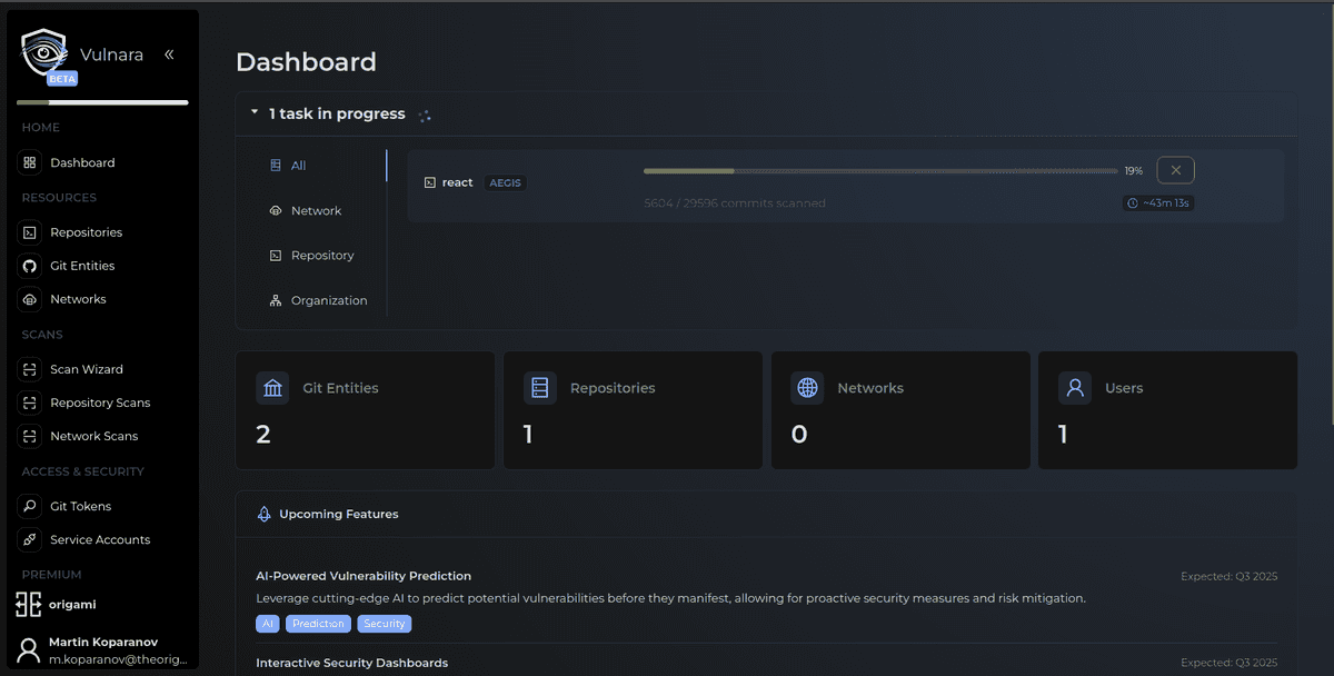 The Vulnara dashboard with the security score, open findings by severity, score trend and scan activity