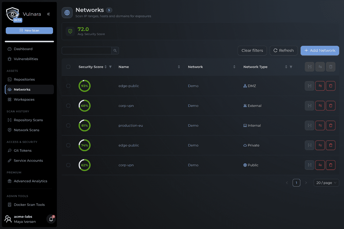 The Networks screen listing registered networks with their type and security score