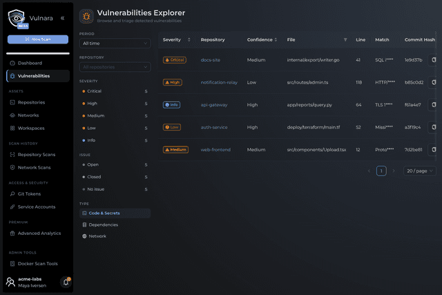 Vulnerabilities explorer showing file, line and confidence for each finding