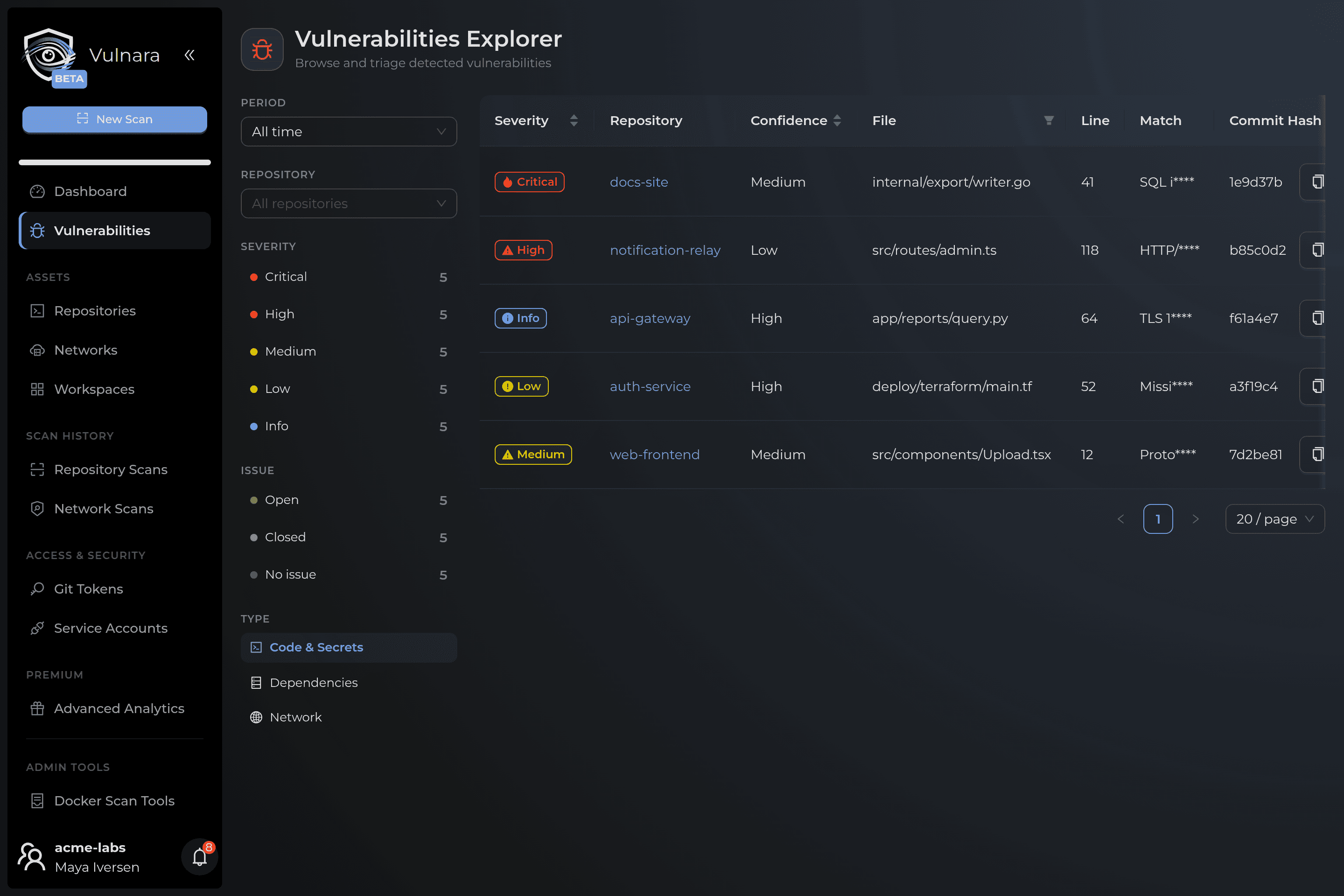 Vulnerabilities explorer showing file, line and confidence for each finding