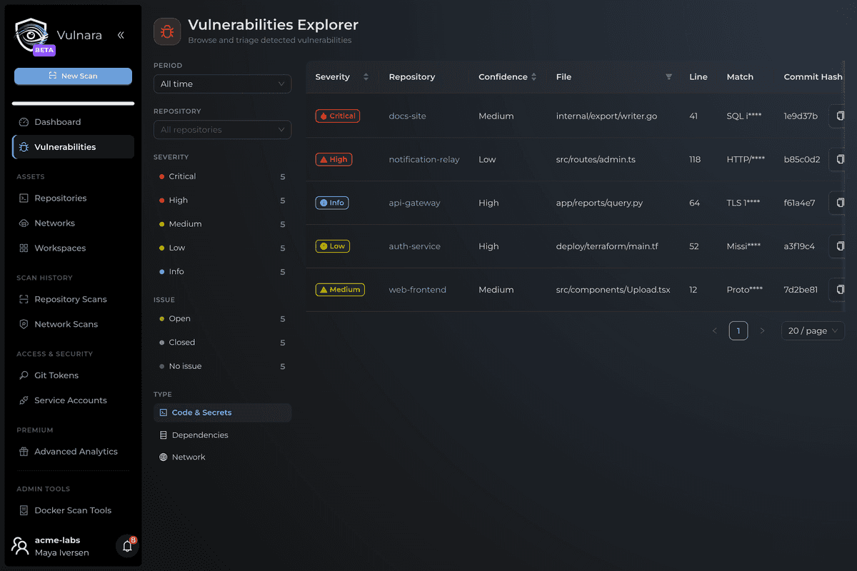 The Vulnerabilities explorer with the facet rail on the left and grouped findings on the right