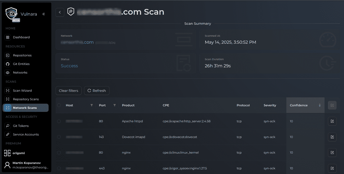 A network scan result listing open ports with their service, product and version
