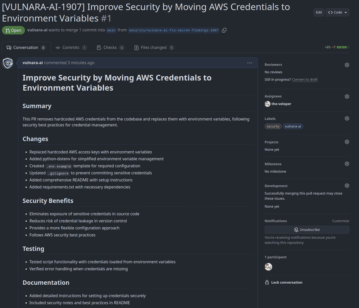 A pull request opened by Vulnara's AI remediation, with its summary of the change and a link back to the scan